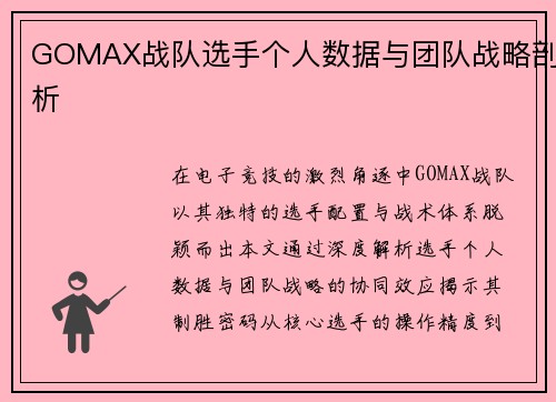 GOMAX战队选手个人数据与团队战略剖析