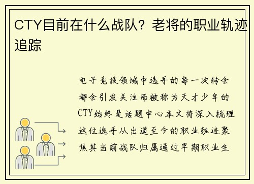 CTY目前在什么战队？老将的职业轨迹追踪