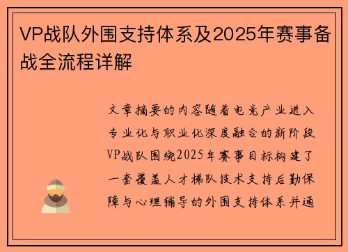 VP战队外围支持体系及2025年赛事备战全流程详解